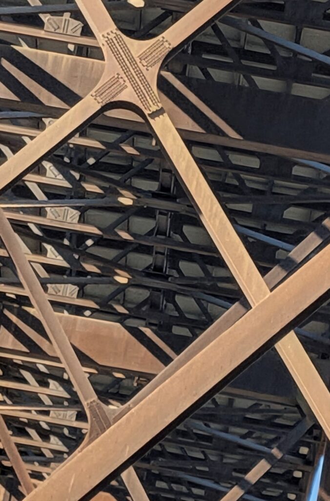 The underside of New River Gorge suspension bridge in West Virginia.
